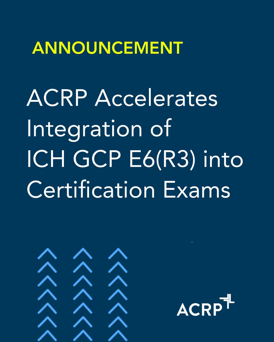 ACRPDC's tweet photo. In response to stakeholder feedback & interest in earlier adoption, ACRP will incorporate ICH E6(R3) into its certification exams ahead of schedule. More details >https://t.co/53eSL8YT9e
Questions > https://t.co/4cNswa2evl
#ICH #ICHguidelines #ICHE6R3 #GoodClinicalPractice #GCP https://t.co/wZoTOGArA8