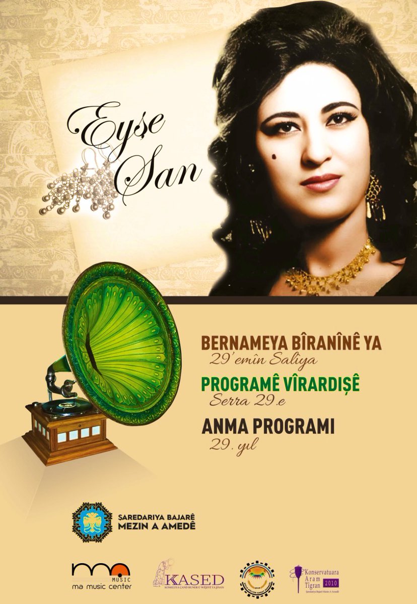 Konsera Bîranîna Eyşe Şan…
<a href="/diyarbakirbld/">Diyarbakır Büyükşehir Belediyesi</a> 
<a href="/kasedjin/">KASED</a> 
<a href="/DicleKultur/">Dicle Kültür Sanat Derneği 𝕏</a> 
<a href="/mamusiccenter1/">ma music center</a> 
Konservatuara Aram Tîgran
18.12.2025
Saet:19.30
Cî: Eywana Şanoyê ya Alî Emîrî/Pişt Şaredarîya Mezin a Amedê