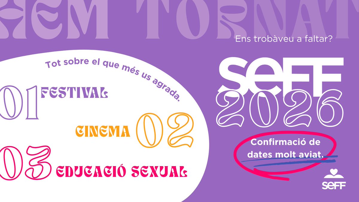 Ens trobàveu a faltar? Nosaltres també 🫶🏼
Torna el SEFF: festival, cinema, educació sexual i moltes ganes de compartir-ho amb vosaltres.

📅 Dates 2026 molt aviat…

#seff26 #educaciosexual #educacionsexual #sexeducation #sexed