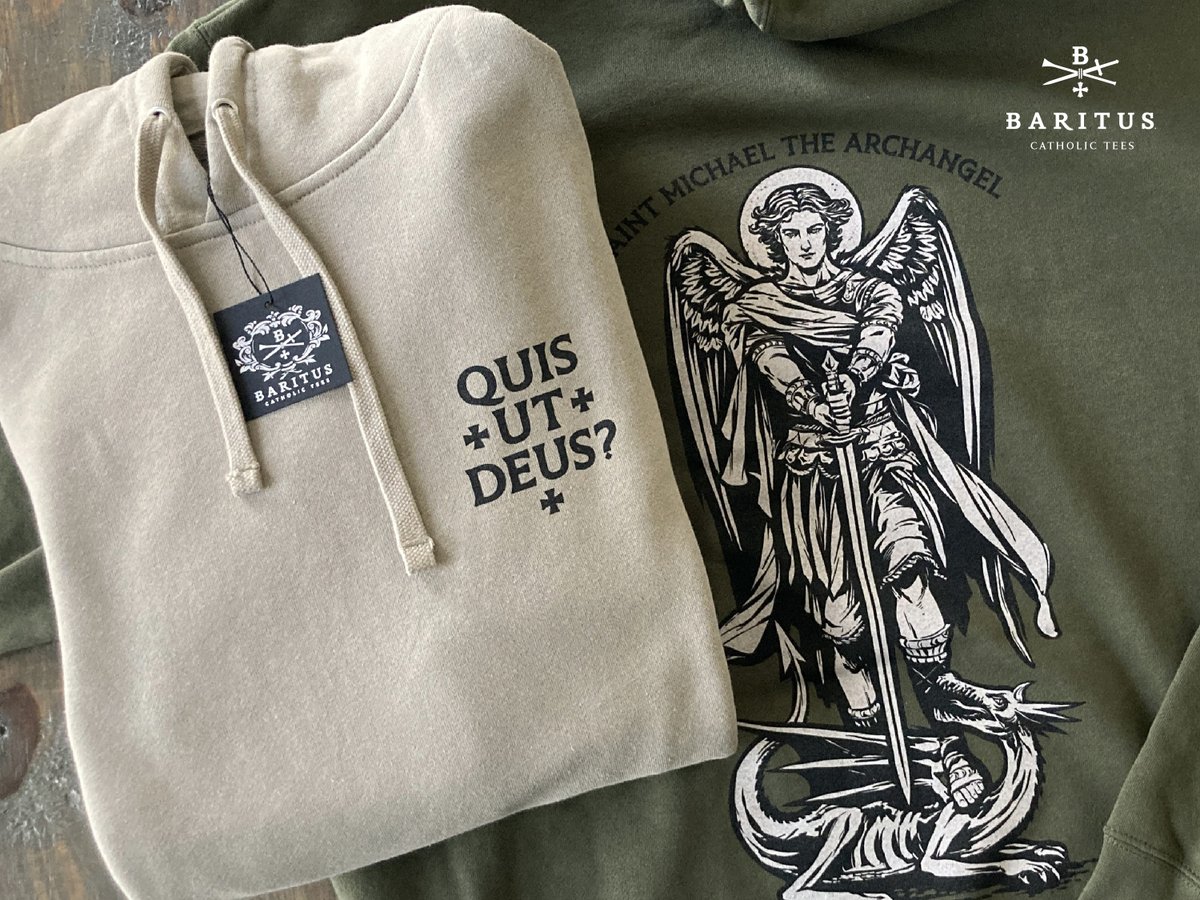 BaritusCatholic's tweet photo. 🔥 Saint Michael and the Dragon 🔥 Tees & Hoodies just listed in the shop. I can safely say for sure this time, this will be the last release of '25! Stay tuned for lots of other great items coming next year. Get these while they last, as always apparel releases are *limited edition*!

SHOP: https://t.co/SczJg1XGtw
