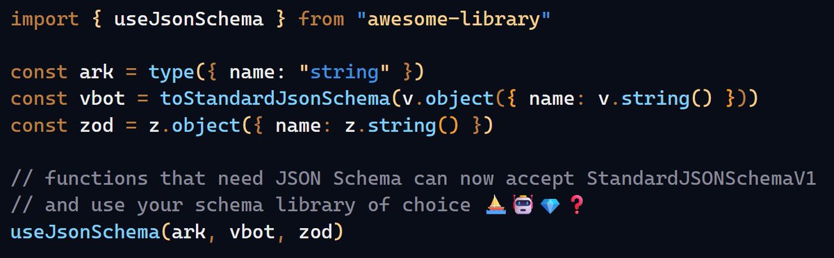 ssalbdivad's tweet image. 🎉Announcing Standard JSON Schema🎉

The next spec in the Standard Schema family is here to bring library-agnostic JSON Schema to TS.

Let's make sure everyone sees it🔁