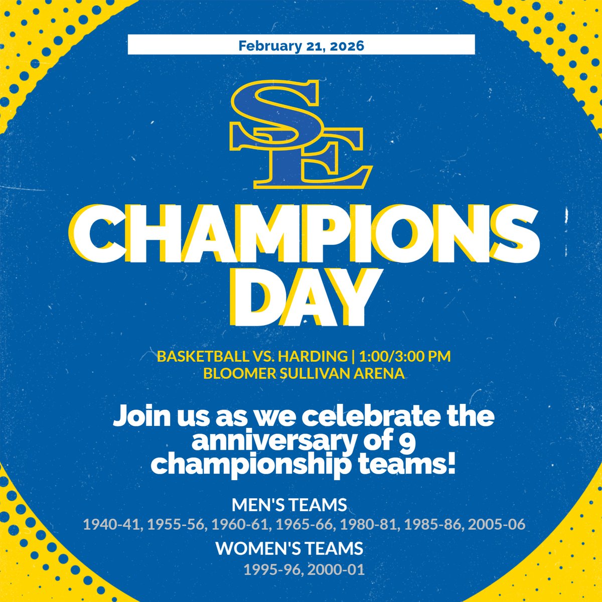 GoSoutheastern's tweet image. 𝙎𝙖𝙫𝙚 𝙩𝙝𝙚 𝘿𝙖𝙩𝙚 - Southeastern Athletics will celebrate 𝘾𝙝𝙖𝙢𝙥𝙞𝙤𝙣𝙨 𝘿𝙖𝙮 on Saturday, February 21st, honoring the anniversary of nine championship basketball teams!

We ask that players and coaches from these these teams RSVP at shorturl.at/oh21D