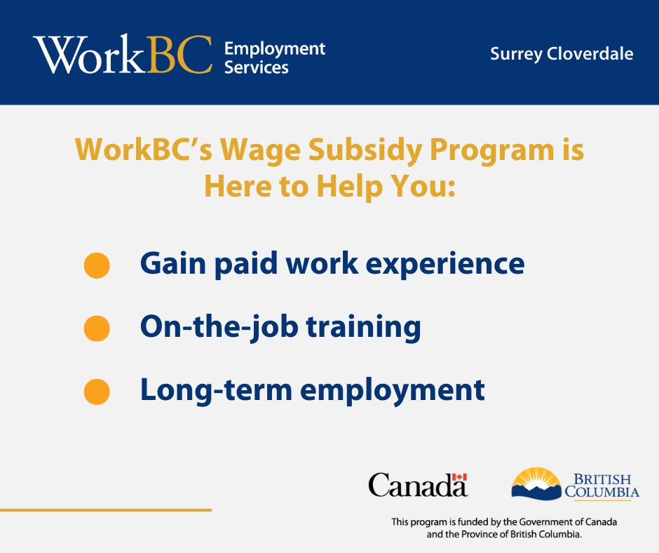 🏢 Ready to enter the job market? WorkBC offers programs like the Wage Subsidy to help you get hired faster.

Visit us or contact our team to see how we can assist you!
➡️ To learn more visit: ow.ly/xqAk50XIAUV
*Note: Some services have additional eligibility criteria