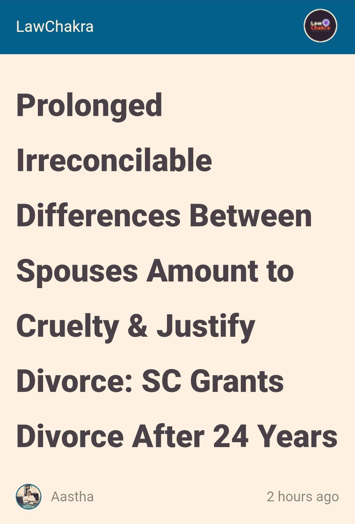 Married in 2000
Separated in 2001
Divorced in 2025

Reason: Wife didn't want to leave her family &amp; move to husband's place &amp; he kept waiting for her to join him in matrimonial house 

He got divorce from family court a decade ago but she appealed it in HC which set it aside

🤡