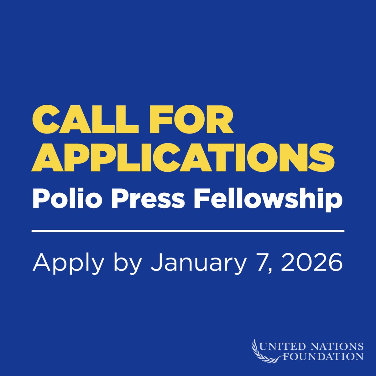 Are you a journalist interested in telling stories about polio eradication efforts? 

The UN Foundation is now accepting applications for the 2026 Polio Press Fellowship for Individual Reporting. 

Learn more and apply by January 7: bit.ly/44pvaYO