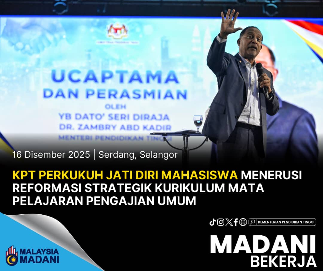 MOHEOfficial's tweet photo. KPT PERKUKUH JATI DIRI MAHASISWA MENERUSI REFORMASI STRATEGIK KURIKULUM MATA PELAJARAN PENGAJIAN UMUM

16 Disember 2025  |  Serdang, Selangor

Baca lanjut di : https://t.co/RLX3bUPb2N

@ZambryOfficial
@MustaphaSakmud_

#RancakkanMADANI
#MADANIbekerja
#MalaysiaMADANI https://t.co/LeQLDTZjO8