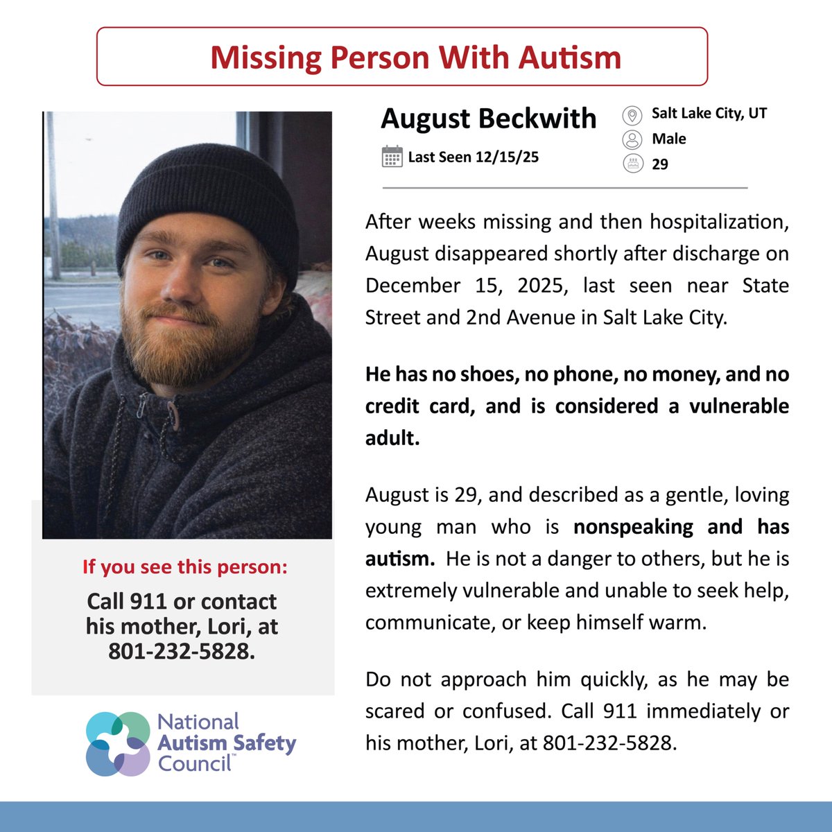 NASC_Autism's tweet photo. Urgent Appeal: After weeks missing and then hospitalization, August disappeared after discharge on December 15, last seen near State Street and 2nd Ave in Salt Lake City. He has no shoes, phone, money, or credit card. He has autism and is nonspeaking. Please share! #autismmissing https://t.co/2rS3FXRR2G
