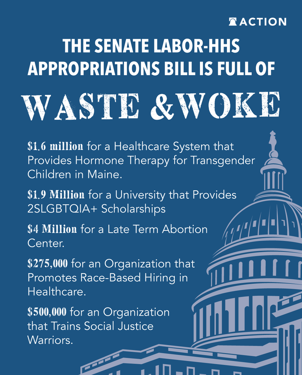 Heritage_Action's tweet image. Some of the spending on the Senate Labor-HHS Appropriations Bill is INSANE! American taxpayers do not want to keep paying for WASTE and WOKE!