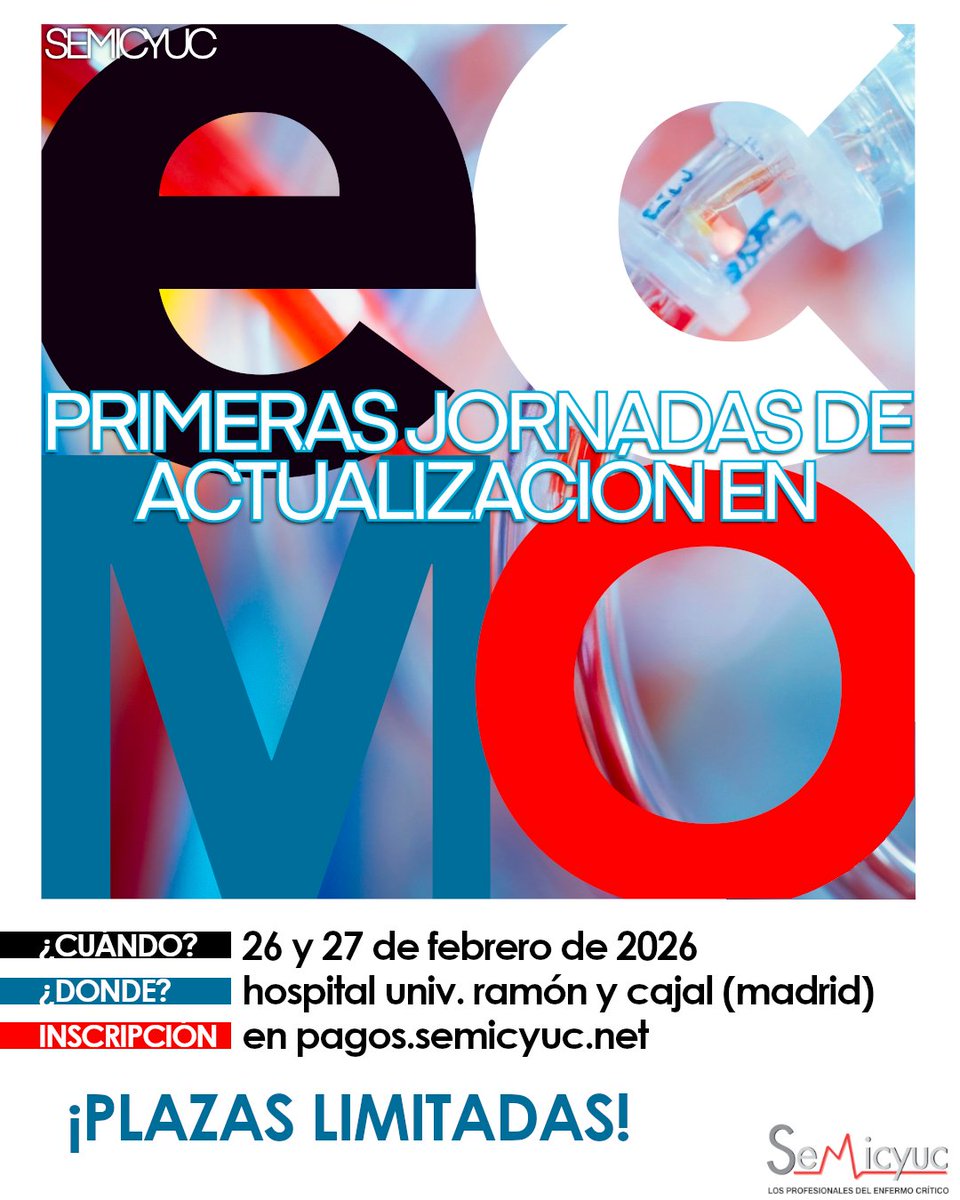 Ya puedes inscribirte a las I Jornadas de Actualización en ECMO de la SEMICYUC. Talleres de simulación, mesas redondas, ponencias con expertos nacionales e internacionales... El 26 y 27 de febrero no te puedes perder este evento que celebramos en el Hospital Ramón y Cajal de