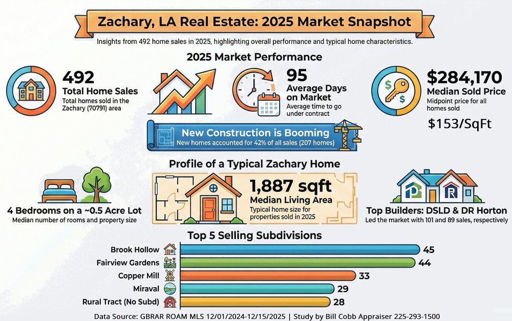 2025 Zachary Louisiana Home Sales Update, 492 70791 Sales

Median $284,170 and $153/sqft. 
From 12/1/2024 to 12/15/2025 
Average lot size closer to 0.25 acre.  

#batonrougerealestate 
#zacharylarealestate