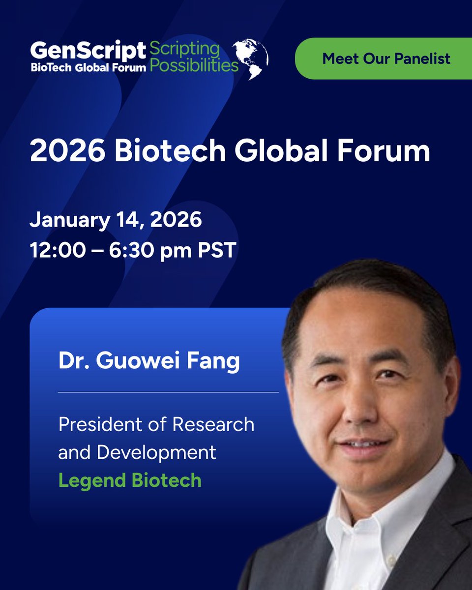 GenScript's tweet image. Meet two of our panelists at #BGF2026: Guowei Fang, @LegendBiotech and Kanti Thirumoorthy, @AstraZeneca

Join us virtually or in San Francisco: …-global-biotech-forum.cventevents.com/qWVK4y?rt=mNTw…

#GenScriptBiotechGlobalForum