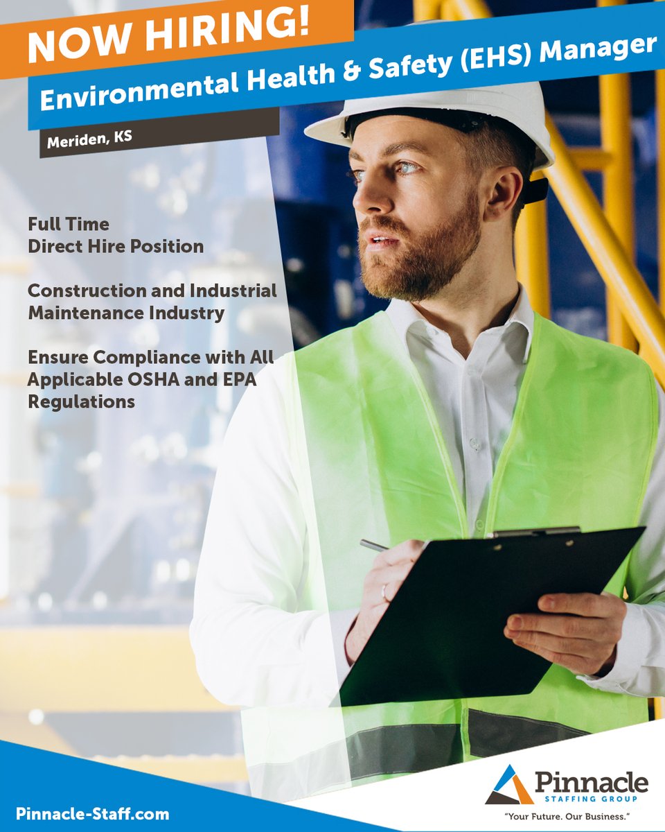 pinnaclegroups's tweet image. We're searching for an Environmental Health &amp;amp; Safety (EHS) Manager in Meriden, KS (North of Topeka). Apply today!

jobboard.ontempworks.com/PinnacleStaffi…

#TopekaJobs #MeridenKSJobs #EHSJobs #EnvironmentalJobs #HealthAndSafetyJobs #HealthAndSafetyManager #ApplyNow #NowHiring #Hiring