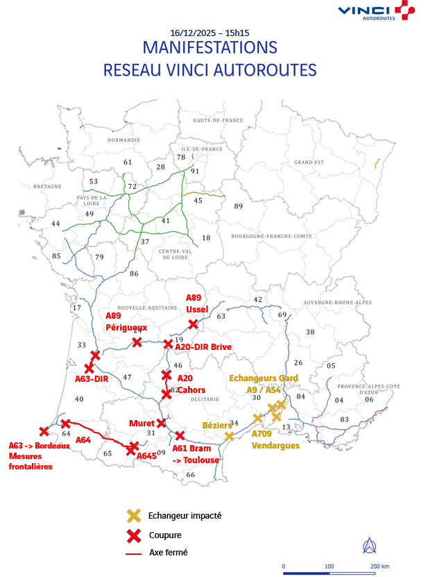 A63Trafic's tweet photo. Manifestations agricoles toujours en cours. Avant de prendre la route, informez-vous sur vos conditions de circulation en suivant notre point de situation sur le réseau VINCI Autoroutes https://t.co/zxKhsDhym6 et en écoutant #Radio1077 #A63 https://t.co/aFmPrKzYsb