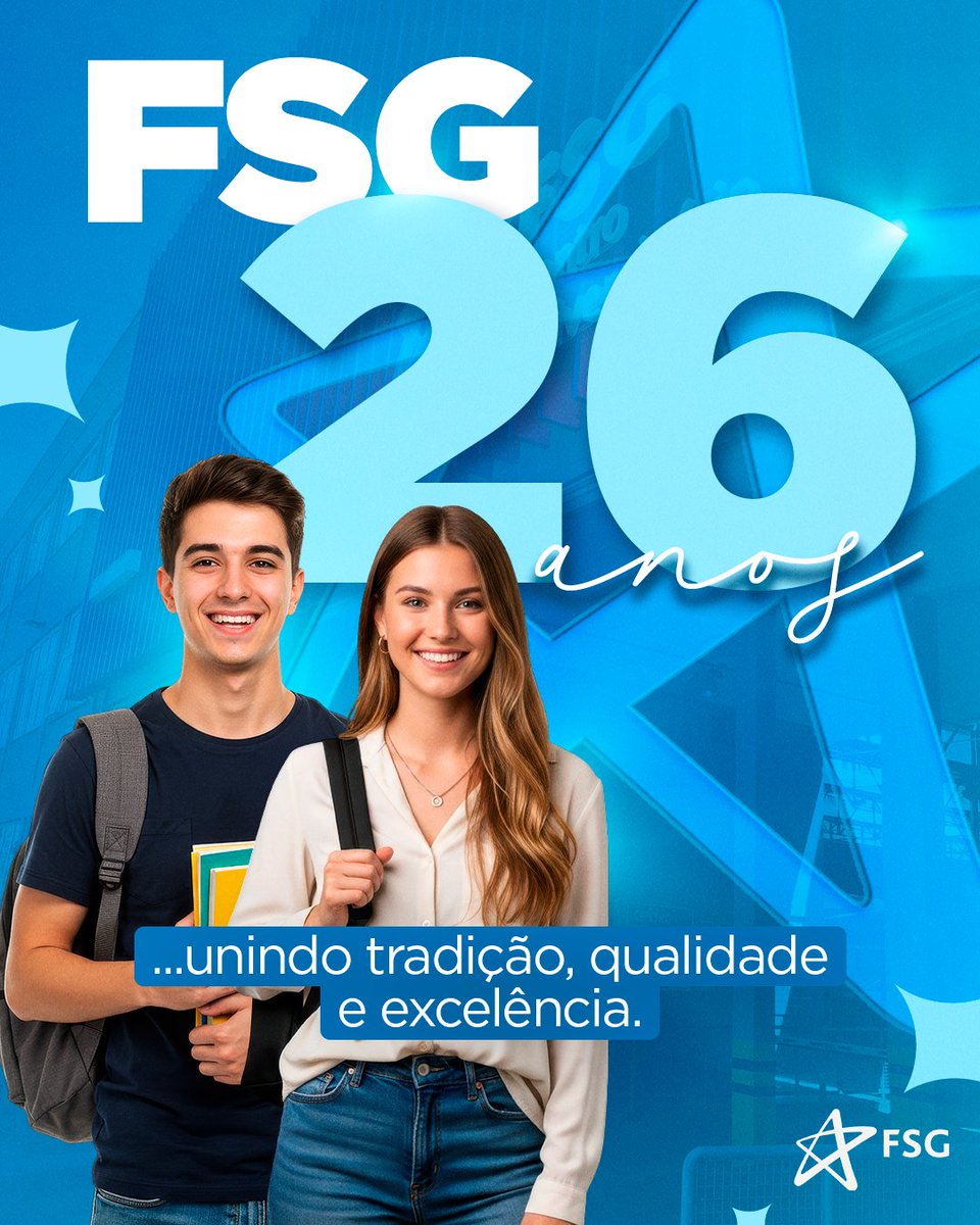 fsg_br's tweet photo. A FSG faz 26 anos! 🎉

Mais de duas décadas com ensino de qualidade, tradição e transformação. 💙

Parabéns a todos que fazem parte dessa jornada! 🚀

#fsg #26anos #orgulhodeserfsg https://t.co/lQ8TbtJkqK