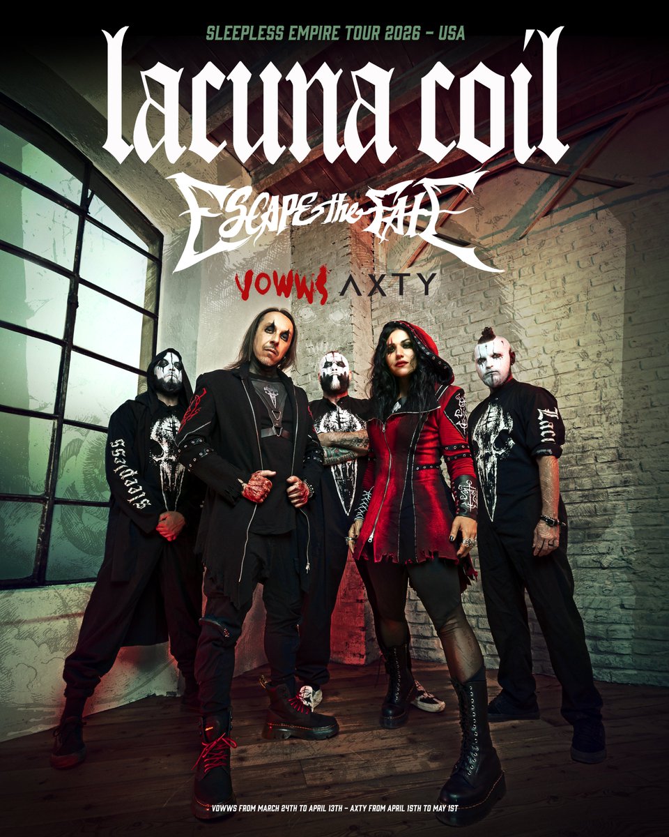 lacuna_coil's tweet image. North America 🇺🇸 The Sleepless Empire Tour is heading your way 💥 Catch us on the road with @EscapeTheFate, VOWWS and @AXTYOfficial! 

Tickets are available via artist presale, code EMPIRE. General on sale Friday, Dec 19th, at 10AM. 

Get yours 👉 lacunacoil.com/#tours