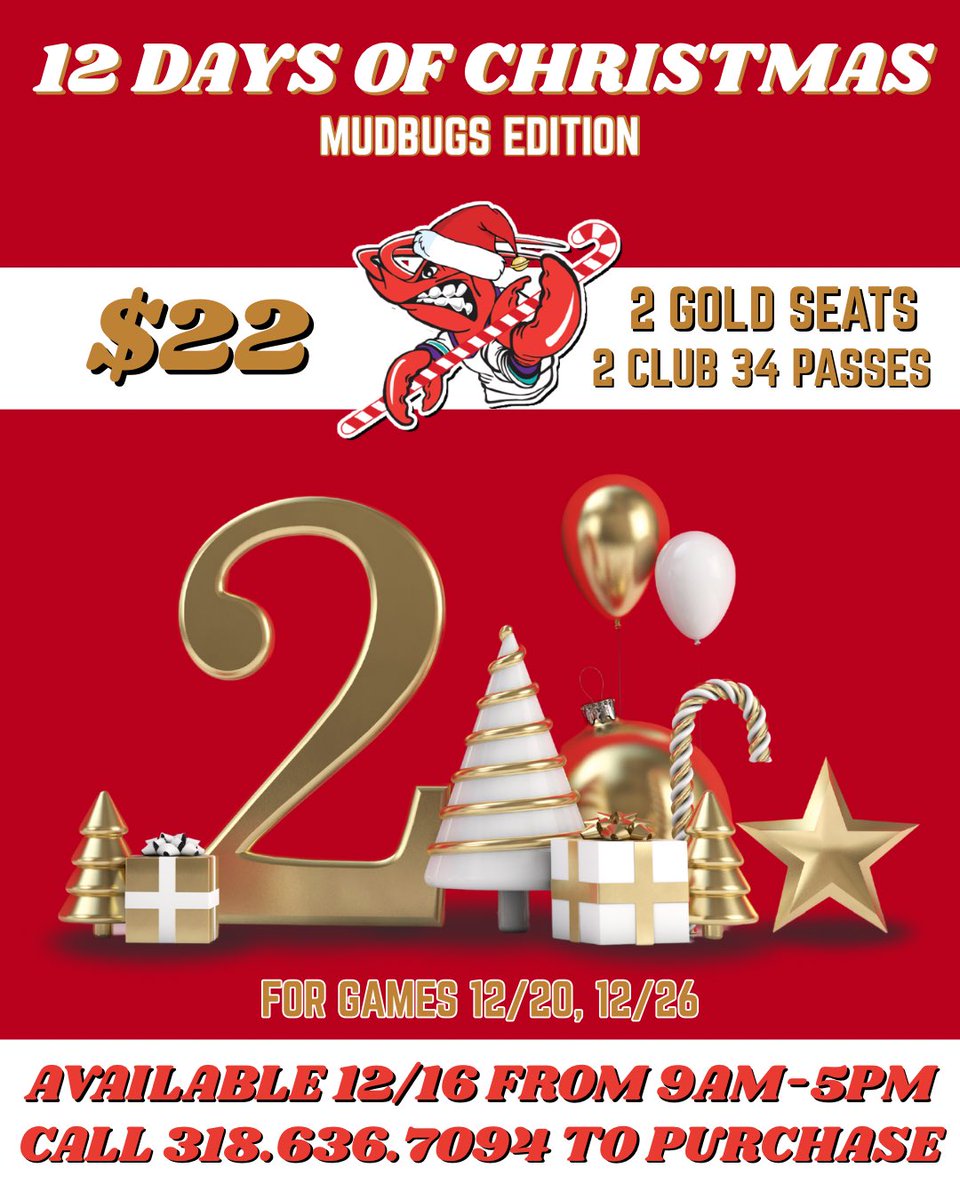 ShvMudbugs's tweet photo. On the 16th day of December my Mudbugs offered to me 2 gold tickets and 2 Club 34 allllll for $22. Making each ticket only $11 😱 Call us until 5pm today to get yours!! #clawsupchristmas #singit
•
•
Reminder this offer is only for games 12/20 and 12/26 https://t.co/yS7lJ48Nq2