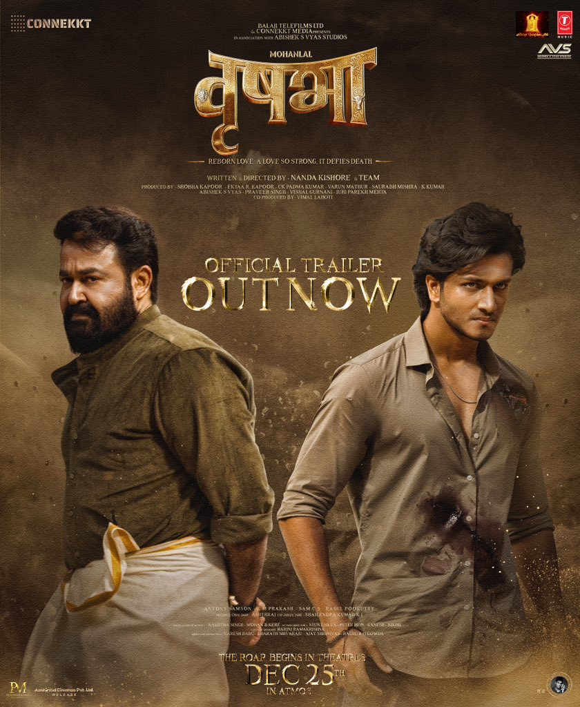 The roar begins. The #VrusshabhaTrailer is out, showcasing a grand emotional saga led by Mohanlal.
A powerful father–son story set for a worldwide theatrical release on 25th December.

#VrusshabhaTrailer #RoarOfVrusshabha #VrusshabhaOn25thDecember

@mohanlal <a href="/FilmDirector_NK/">Nanda Kishore</a>