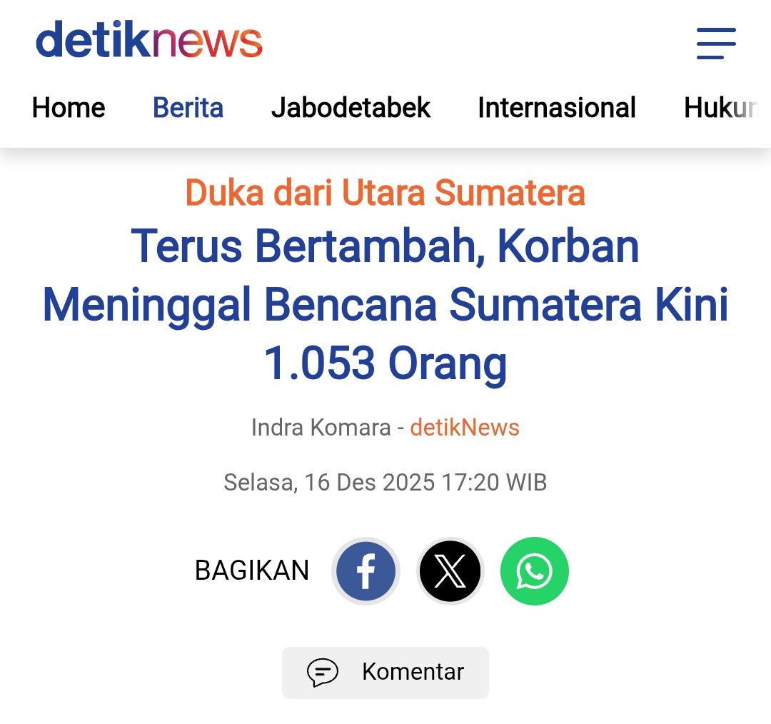 Pak <a href="/prabowo/">Prabowo Subianto</a> Bencana Lombok Korban Tewas Berjumlah 458 Jiwa Hanya 1 dari 38 Provinsi, Sedangkan Bencana Sumatera Korban Tewas Sudah 1.053 0rang dan Akan Terus Bertambah Serta Terdampak 3 Provinsi Dari 38 Yang ada. Apa Harus Kami Bersuara Untuk Sumatera Merdeka Baru Ditetapkan