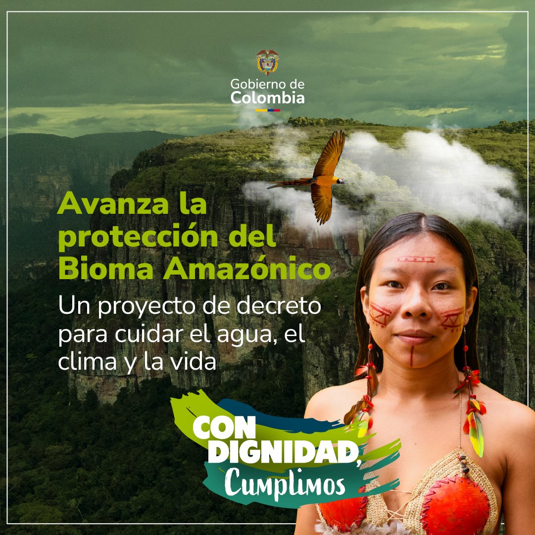 #ConDignidadCumplimos I  Avanza una decisión clave para el país: el Proyecto de Decreto que declara el Bioma Amazónico como Reserva de Recursos Naturales Renovables.

Esta medida busca proteger un territorio estratégico que ocupa el 42,3 % del país, aporta el 36 % del agua