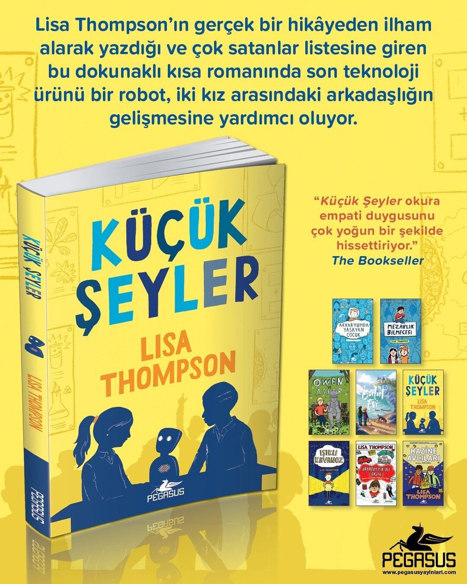 PegasusYayinevi's tweet photo. 🆕🚨 📘 YENİ KİTAP: KÜÇÜK ŞEYLER - LISA THOMPSON 

Öğretmeni sınıflarına yeni gelen kızla arkadaşlık etmesini istediğinde Anna endişelenir. Bu kızın adı Ellie’dir. Ellie hastadır ve okula bizzat gelemez. Bu nedenle Anna onunla yeni nesil bir robot aracılığıyla iletişim kurmak zorundadır. 

Ancak Anna, hayatının yeni arkadaşının ilgisini çekemeyecek kadar önemsiz ve sıkıcı olduğunu düşünür. Diğer kızlarla karşılaştırıldığında, anlatacak heyecan verici bir şeyi yoktur. Bu yüzden Ellie ona bir soru sorduğunda, Anna’nın ağzından küçük, beyaz bir yalan çıkıverir. Sonra bir tane ve bir tane daha. Ellie gerçeği öğrendiğinde, arkadaşlıkları devam edebilecek midir? 

Lisa Thompson’ın gerçek bir hikâyeden ilham alarak yazdığı ve çok satanlar listesine giren bu dokunaklı kısa romanında son teknolojinin ürünü olan bir robot, iki kız arasındaki arkadaşlığın gelişmesine yardımcı oluyor. Thompson romanında, hayatı asıl küçük şeylerin anlamlı kıldığına vurgu yapıyor. 

“Küçük Şeyler okura empati duygusunu çok yoğun bir şekilde hissettiriyor.”
The Bookseller

“Gerçekten özgün bir şekilde anlatılmış bir öykü... Sayfaları küçük ama kendisi büyük bir kitap.”
Phil Earle

“Küçük Şeyler kısa bir hikâye olabilir ama şefkatli bir bilgelikle ve incelikle dolup taşıyor. Lisa Thompson, hikâyelerinde empati ve şefkat söz konusu olduğunda daima sihirli bir dokunuşa sahip olmuştur. Thompson, çocukların olduğu kadar, onları seven ve önemseyen yetişkinlerin de duygularına yönelik olağanüstü bir içgörüye sahip bir yazar.”
Mat Tobin

“Harika ve dokunaklı… Empatiyle, duyarlılıkla ve merhametle yazılmış bir kitap.”
Emma Suffield

Çeviri: Sevinç Seyla Tezcan
Özgün Adı: The Small Things
Sayfa Sayısı: 112
📅 Satış Tarihi: 24 Aralık 

#KüçükŞeyler #TheSmallThings #LisaThompson #ÇocukRomanı #ÇocukKitabı #EmpatiVeŞefkat #ArkadaşlıkHikâyesi #KüçükŞeylerinÖnemi #TeknolojiVeİnsan #PegasusYayınları