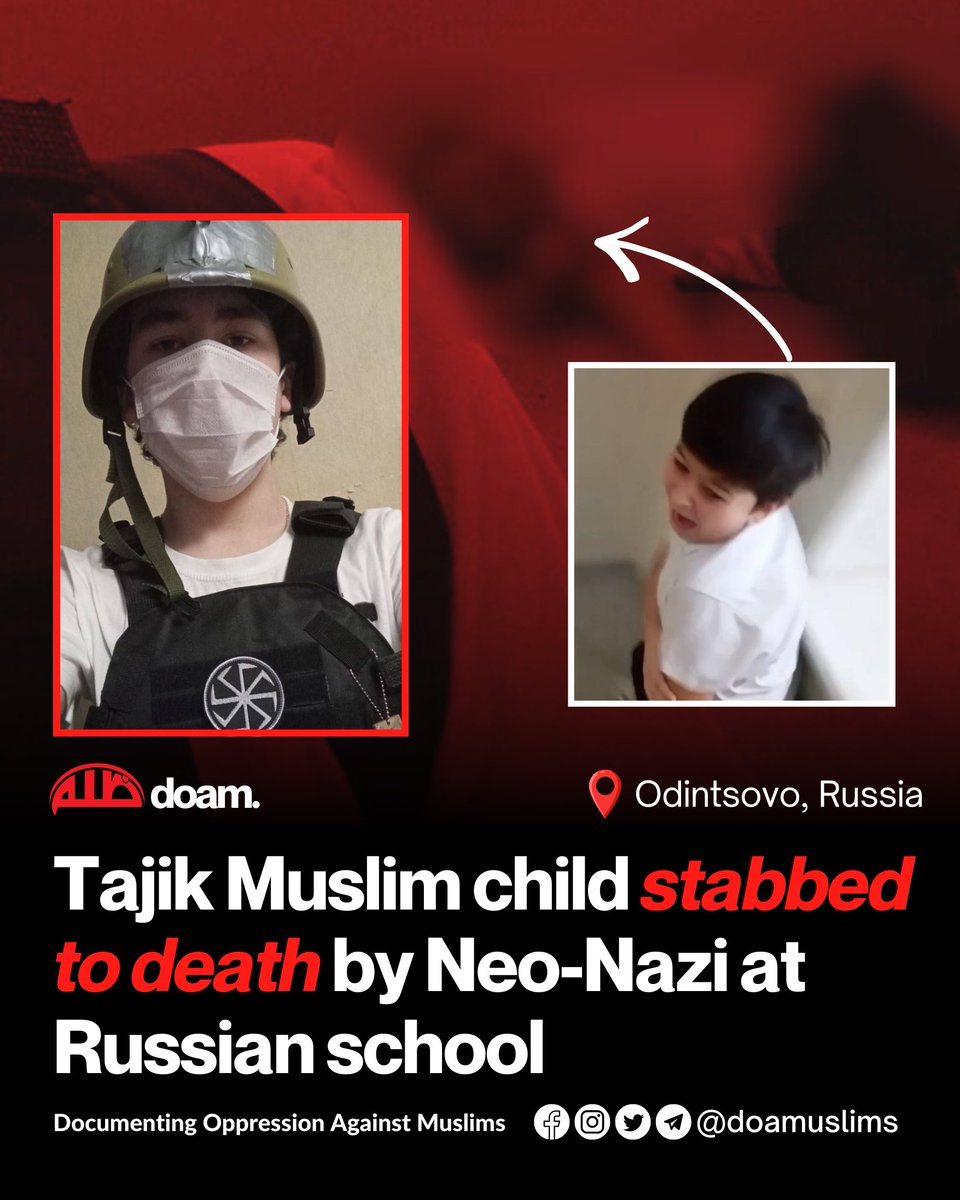 doamuslims's tweet photo. BREAKING: Tajik Muslim Child Stabbed to Death By Neo-Nazi at Russian School

10-year-old Tajik Muslim child, Kobiljon A., was stabbed to death today by a Neo-Nazi teen at a school located in the Gorki-2 settlement, Odintsovo city district, Moscow region. 

The attacker has been identified as 15-year-old Timofey, who came to school with a knife and attacked people inside the school. 

The attacker approached a group of schoolchildren with a knife and asking, “What’s your nationality/ethnicity?” The security guard attempted to intervene, but the attacker pepper sprayed him in his face and stabbed him. The attacker then turns his knife on the children, chased the Tajik boy and stabbed him to death. 

The attacker deliberately chose victims based on their ethnicity. He recorded his sickening attack and posted it on social media. 

He admired Brenton Tarrant, the Nazi terrorist who massacred 51 Muslim worshippers at two mosques in New Zealand.