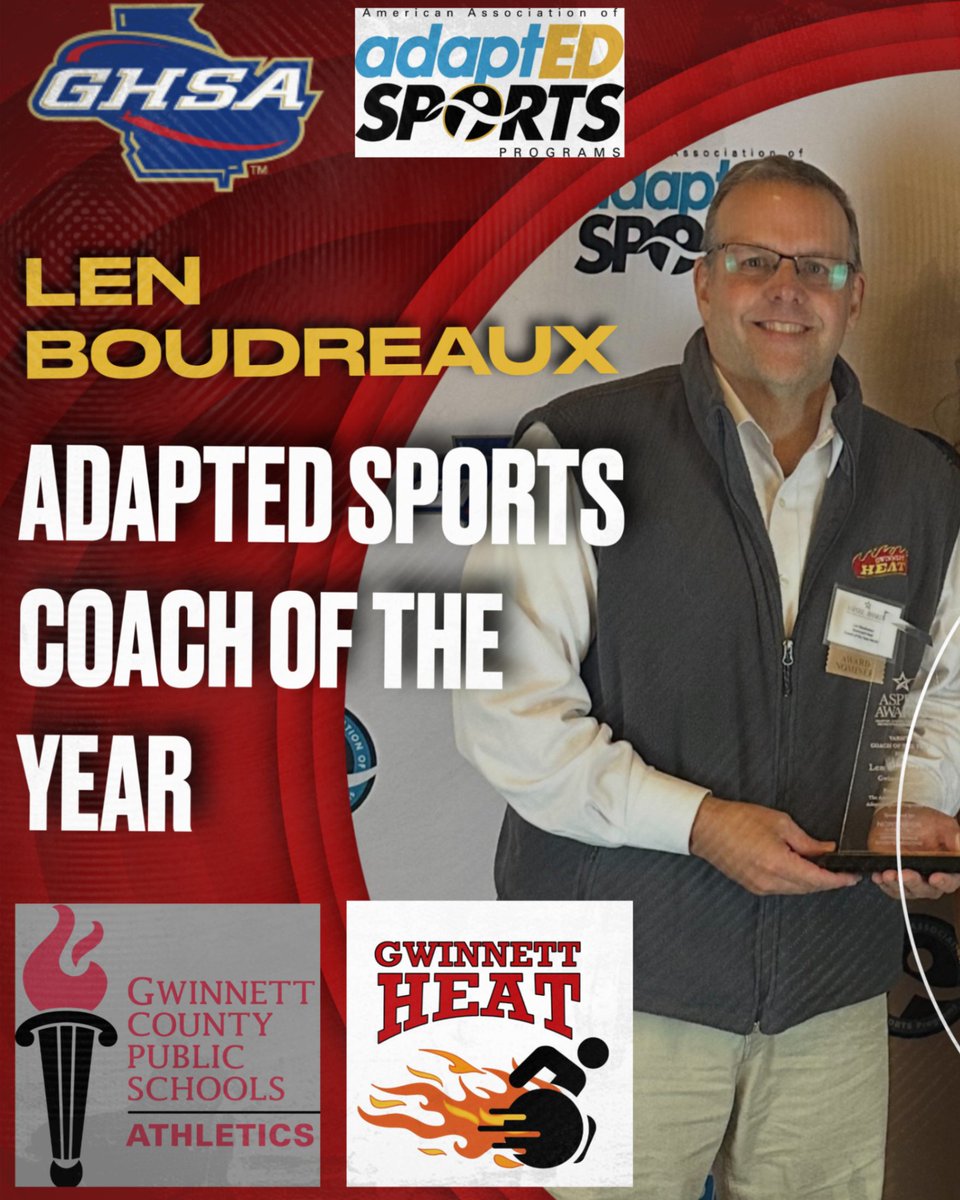 CVCollier_AD's tweet image. Congratulations to Len Boudreaux, Gwinnett Heat, on being named the Adapted Sports Coach of the Year by AAASP &amp;amp; GHSA. Len will be honored at the GHSA State Football Championships on Wednesday December 17 at The Benz. #GOHEAT @blockuga78 @AdaptedSports @OfficialGHSA