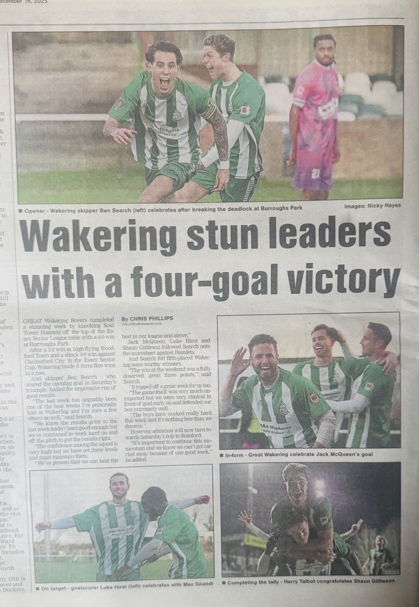 Another fantastic Page Lead article by ⁦<a href="/CJPhillips1982/">Chris Phillips</a>⁩ in today's Echo on ⁦<a href="/GWRovers/">Gt Wakering Rovers</a>⁩ superb victory over league leaders ⁦<a href="/SoulTHFC/">SOUL TOWER HAMLETS</a>⁩ ⁦<a href="/marcusbowers89/">Marcus Bowers</a>⁩ ⁦<a href="/ben_search7/">Ben Search</a>⁩ ⁦<a href="/harrytalbs/">Talbs</a>⁩