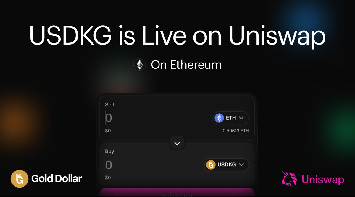 $USDKG is now live on <a href="/Uniswap/">Uniswap Labs 🦄</a> on <a href="/ethereum/">Ethereum</a> .

The USDKG ERC-20 token is available for permissionless trading while maintaining its core structure: gold-backed issuance, controlled minting and audited reserves

Token address (ETH): 0xE820C06321E60d36257C666643Fa5436643445E3