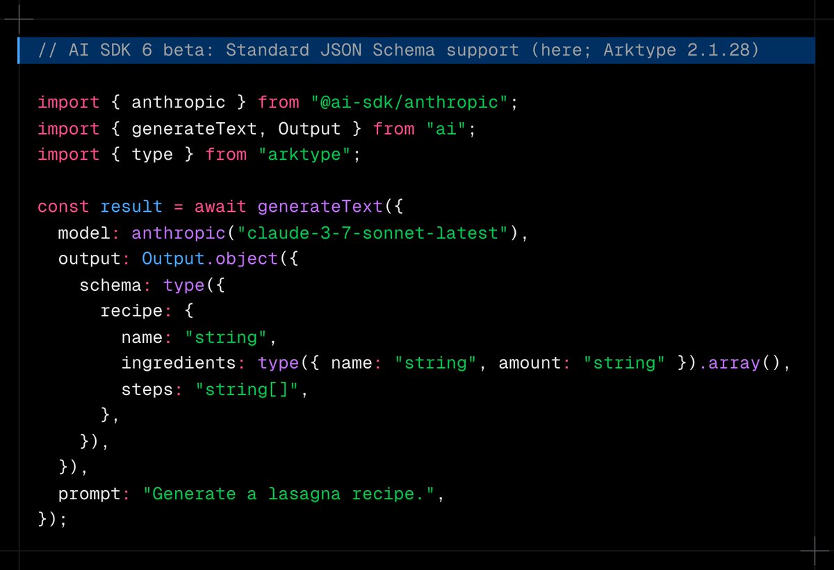 lgrammel's tweet image. Standard JSON Schema support (AI SDK 6 beta)

You can use AI SDK with Zod, Valibot, Arktype, and other compatible libs.
 
The prior direct support for Valibot, Effect Schema, ArkType was reverted in favor of this (and because the optional peer dependency approach had issues)