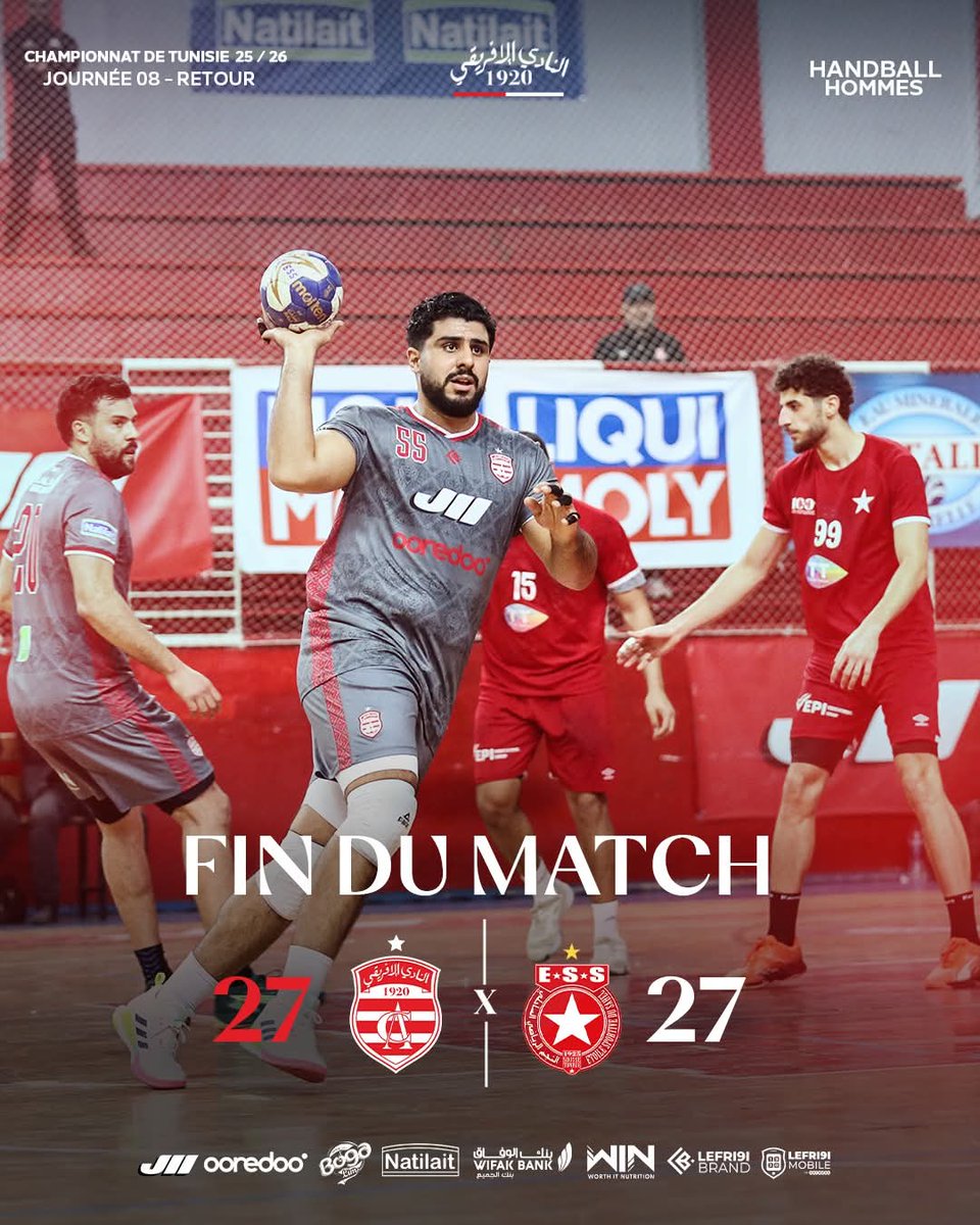 TeamCA_Officiel's tweet photo. ✦ 𝗙𝗨𝗟𝗟 𝗧𝗜𝗠𝗘

🇦🇹 Club Africain 27-27 ES Sahel 

#HandCA https://t.co/VhaJLeV4tc