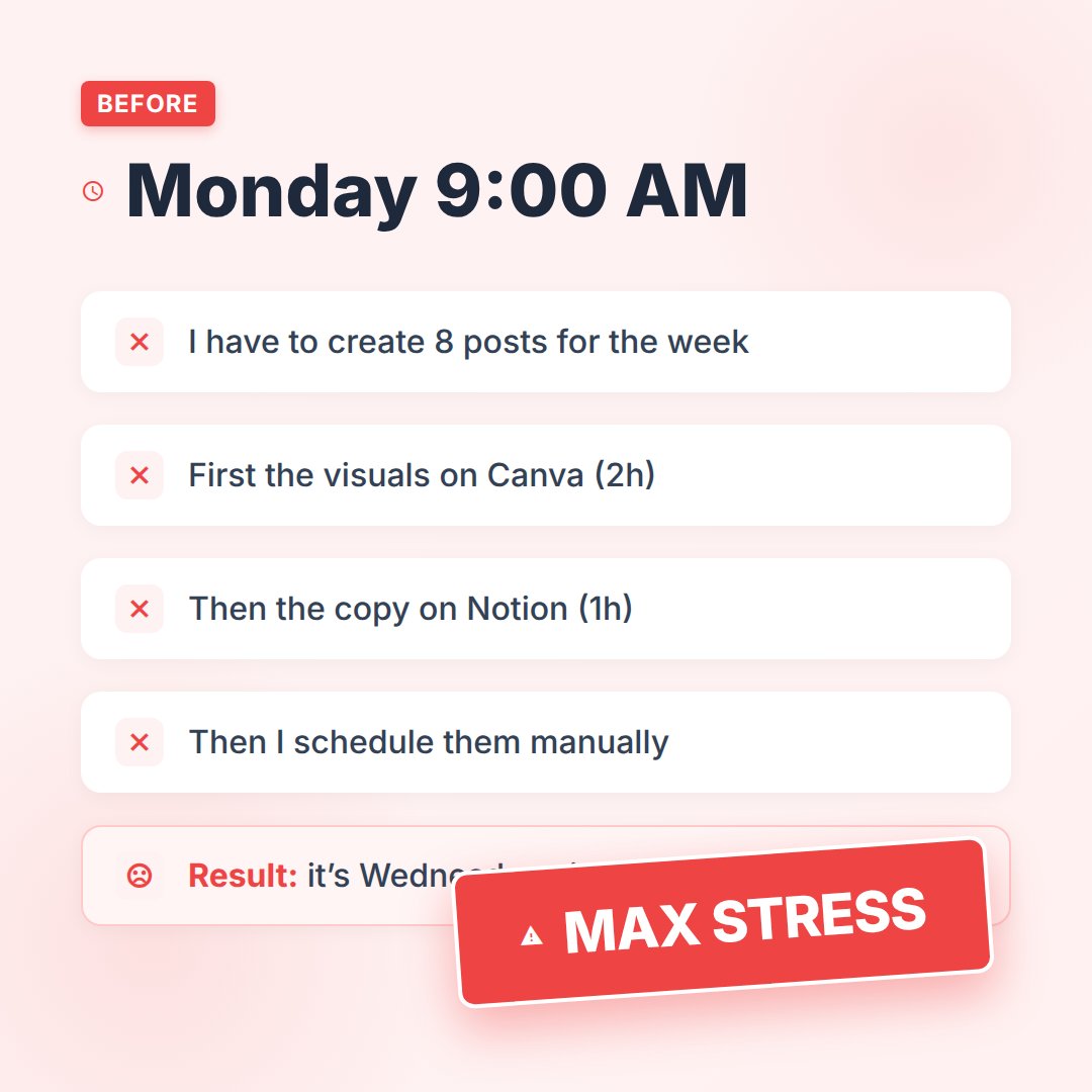 Oposto_app's tweet photo. BEFORE OPOSTO
Monday, 9AM: 8 posts due this week
 • 2 h on Canva
 • 1 h in Notion
 • Manual scheduling 
By Wednesday night: only 2 posts live

AFTER OPOSTO 
Monday, 9AM: open Oposto
 • 5-min brief
 • AI generates 30 posts + visuals in 2 min
 • Review &amp; publish by 9 https://t.co/Q5AIdNam9t