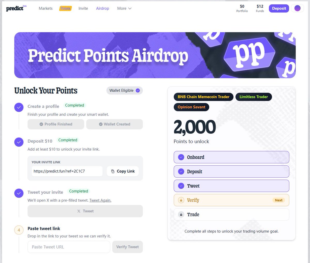 兄弟们那什么：上一个Yzi支持的预测市场 <a href="/predictdotfun/">predict.fun</a> 开存款了
上条推刚说了太子，再用不太好，那这个是皇子🫣

◾️你的钱包只要买过 BNB 链的MEME币
◾️或者交互过以下四个项目 @polymarket <a href="/trylimitless/">Limitless</a> <a href="/MyriadMarkets/">MYRIAD</a> <a href="/opinionlabsxyz/">Opinion ⁒</a> 都有积分空投，兄弟们可以去链接你的钱包看看🪂

给我空投了