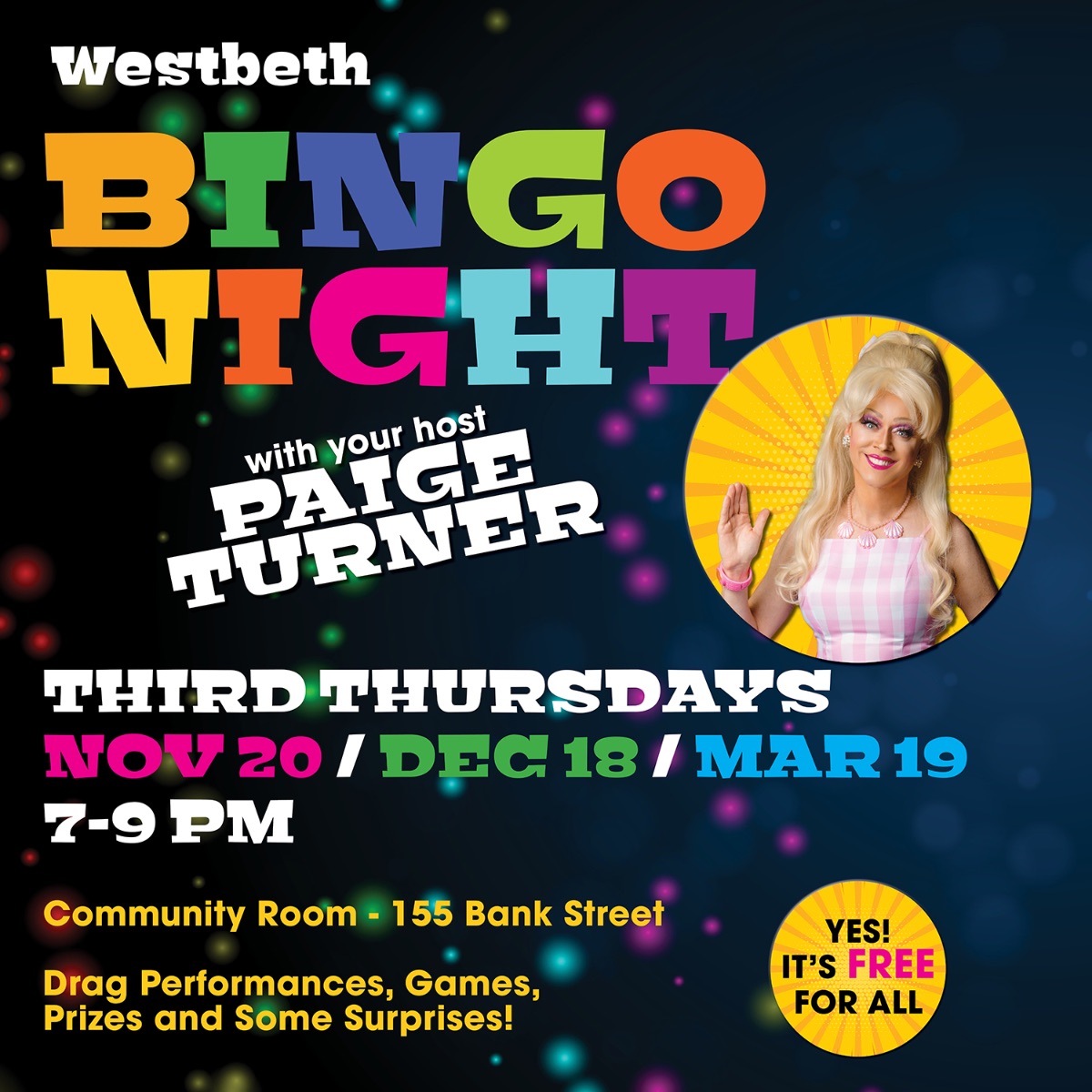 Westbeth's tweet photo. |WESTFEST 2026 CALL FOR CHOREOGRAPHERS Deadline Dec 26, 2025; DRAG BINGO Dec 18, 2025 at Westbeth Community Room 7pm; PEBNN JONES PUPPET THEATRE Toby's Holiday Spectacular Sun Dec 21, 2025 at 1pm  ; WINTER SHOW Westbeth artists show all Nov 21, - Dec 28, 2025 at Westbeth Gallery https://t.co/HRHPSZ97Ai