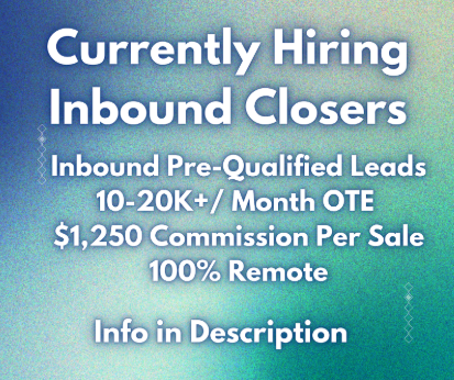 Kyle_Farman's tweet photo. Currently hiring High Ticket Remote Inbound Closers for our Asset-Backed Lending offer!

10-20K+ Per Month OTE
$1,250 Commission per deal.
In-House Financing can fund deals if people have good credit, increasing the close rate!
All leads are booked on your calendar and pre qualified by setters.

Inbound

Comment “Asset-Backed Setter” on this post and DM “Asset-Backed Setter” if interested.

Also please be a good friend and share this with a rep that would be a good fit, thanks!