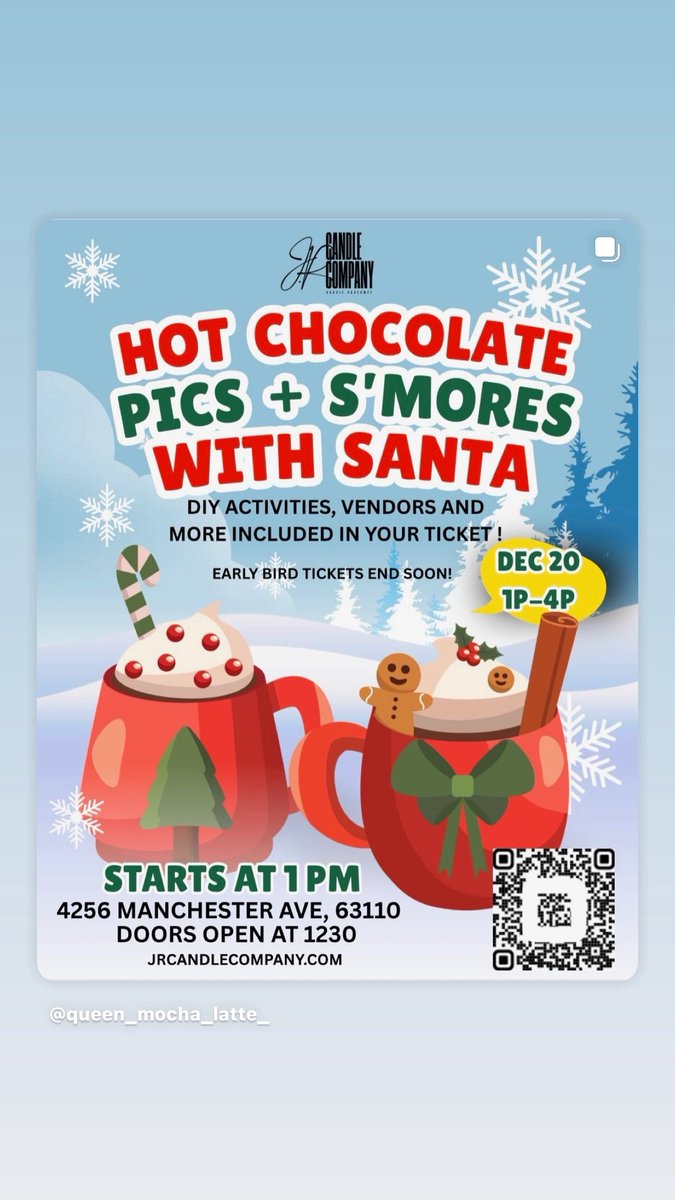 A Magical Holiday Experience‼️

JRCC’s Kids Holiday Event with Santa is here and it’s going to be magical!

Your little ones will sip cocoa, make s’mores, decorate gingerbread houses, craft DIY totes, press on nails for the girls (extra s’more for the boys) and get a pictures