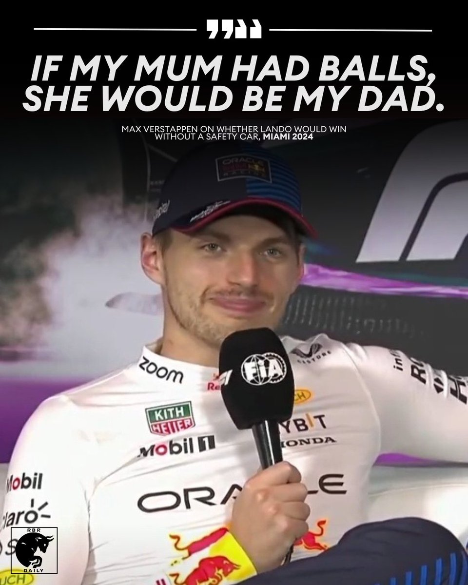 MV33Racing's tweet photo. Four of Max Verstappen's classic quotes:

2025: "Not winning is not winning. You're either pregnant or you're not"

2024: "If my mum had balls, she would be my dad"

2024: "LoL. What happend to the others"

2020: "Maybe God is with him, but he is not God" https://t.co/9g4DY4n8Wn