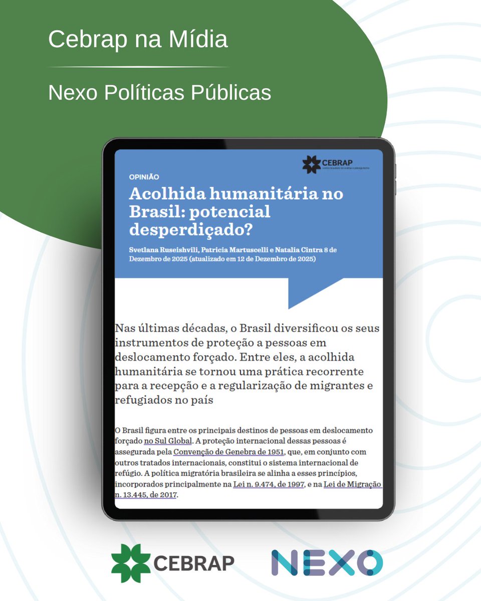 Artigo publicado na parceria entre o Cebrap e o <a href="/nexopoliticas/">Nexo Políticas Públicas</a>  de dezembro analisa os limites e as contradições da política brasileira de acolhida humanitária.

Confira: pp.nexojornal.com.br/parceiros/cebr…