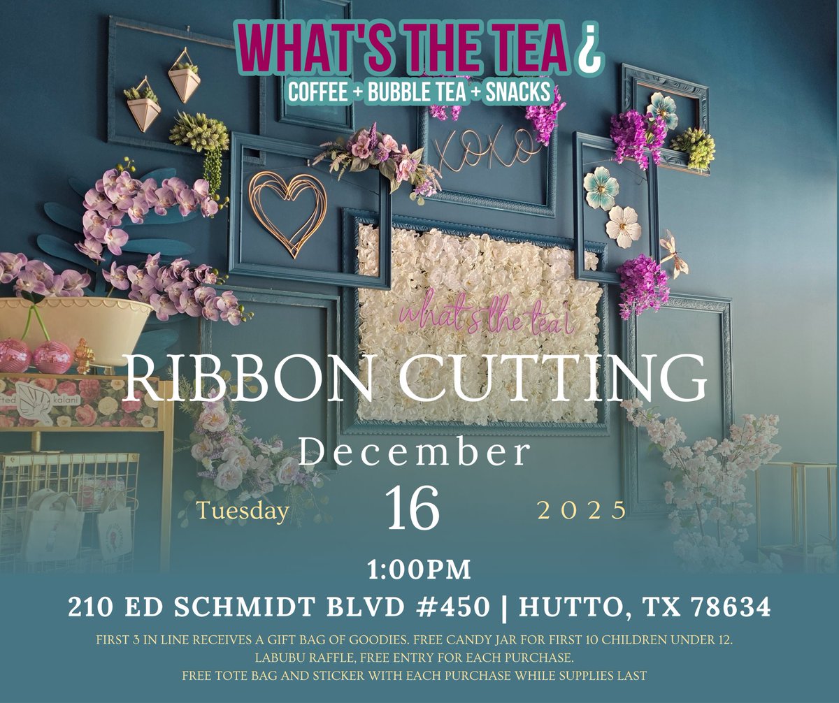Join us TODAY!!!

We’re thrilled to cut the ribbon and welcome you to 'What's the Tea ¿' on Dec 16th! 🎉 Sip, snack, and celebrate with us at 1 PM in Hutto, TX. See you there!

#WhatsTheTea #HuttoChamber #HuttoTX