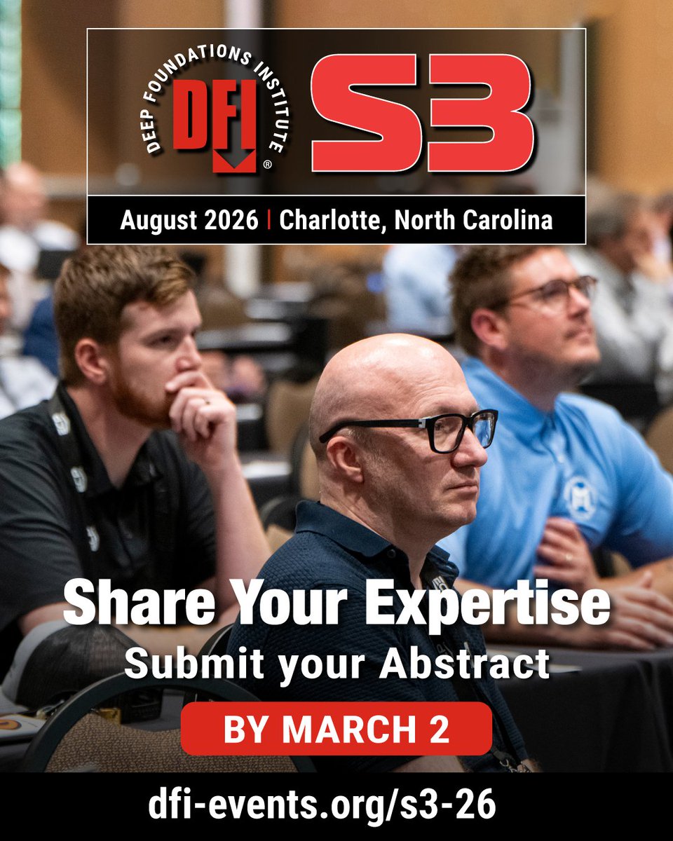 DFI_Tweets's tweet image. 📣 #SR2026 Call for Abstracts is OPEN!

Got expertise in deep foundations, ground improvement or soil mixing? We want your voice on stage! Regional topics encouraged. 

🚀 Submit your abstract - dfi-events.org/s3-26/

#deepfoundations #DFIevents #slopes  #soilmixing