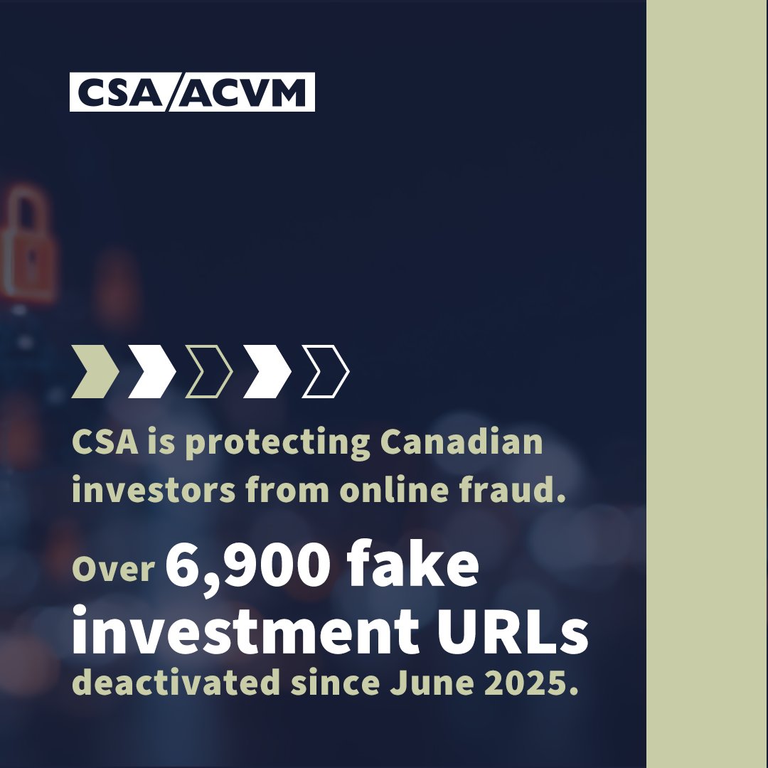The CSA, in collaboration with @CIRO_OCRI, worked to successfully  deactivate over 3,900 fraudulent investment and crypto scam  websites—representing more than 6,900 malicious URLs—through a new  initiative launched earlier this year. #InvestorProtection ...