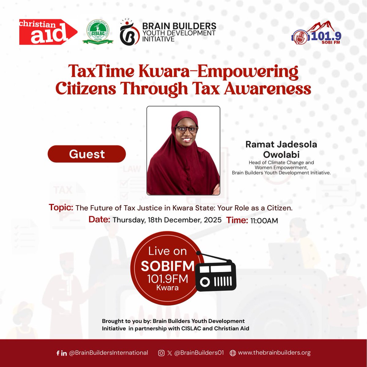 Do you know your role as a citizen in building a fair tax system?

Join <a href="/RJadesola/">Ramat J. Owolabi</a>  at 11:00 AM this Thursday on TaxTime Kwara for an insightful conversation on The Future of Tax Justice in Kwara State on SOBI FM 101.9.
#TaxJustice #ActiveCitizenship #TaxTimeKwara