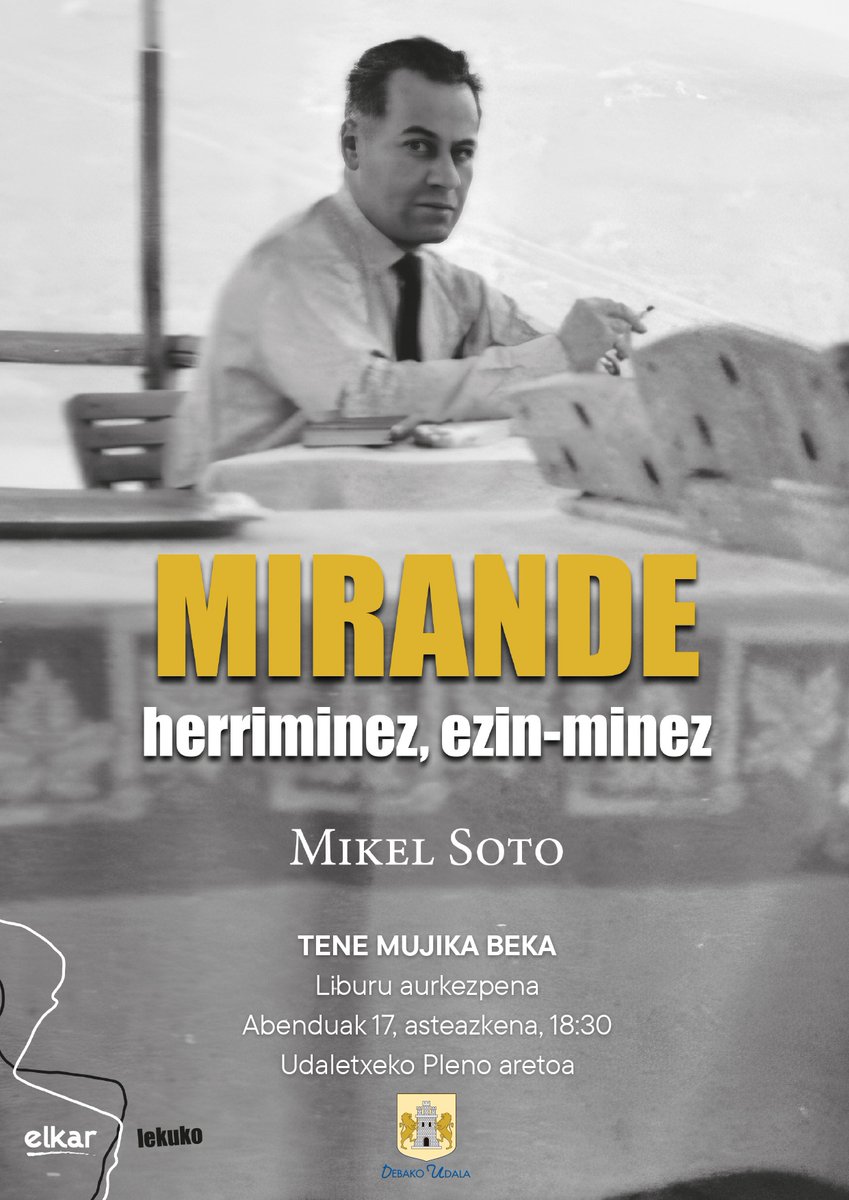 📚 Presentación del libro "Mirande, herri minez, ezin minez"

🗣️Mikel Soto presentará su obra, fruto de la beca Tene Mujika, donde profundiza en la figura del escritor Jon Mirande: su relación con Bretaña, su pensamiento y su legado literario. 

#deba #debakoudala