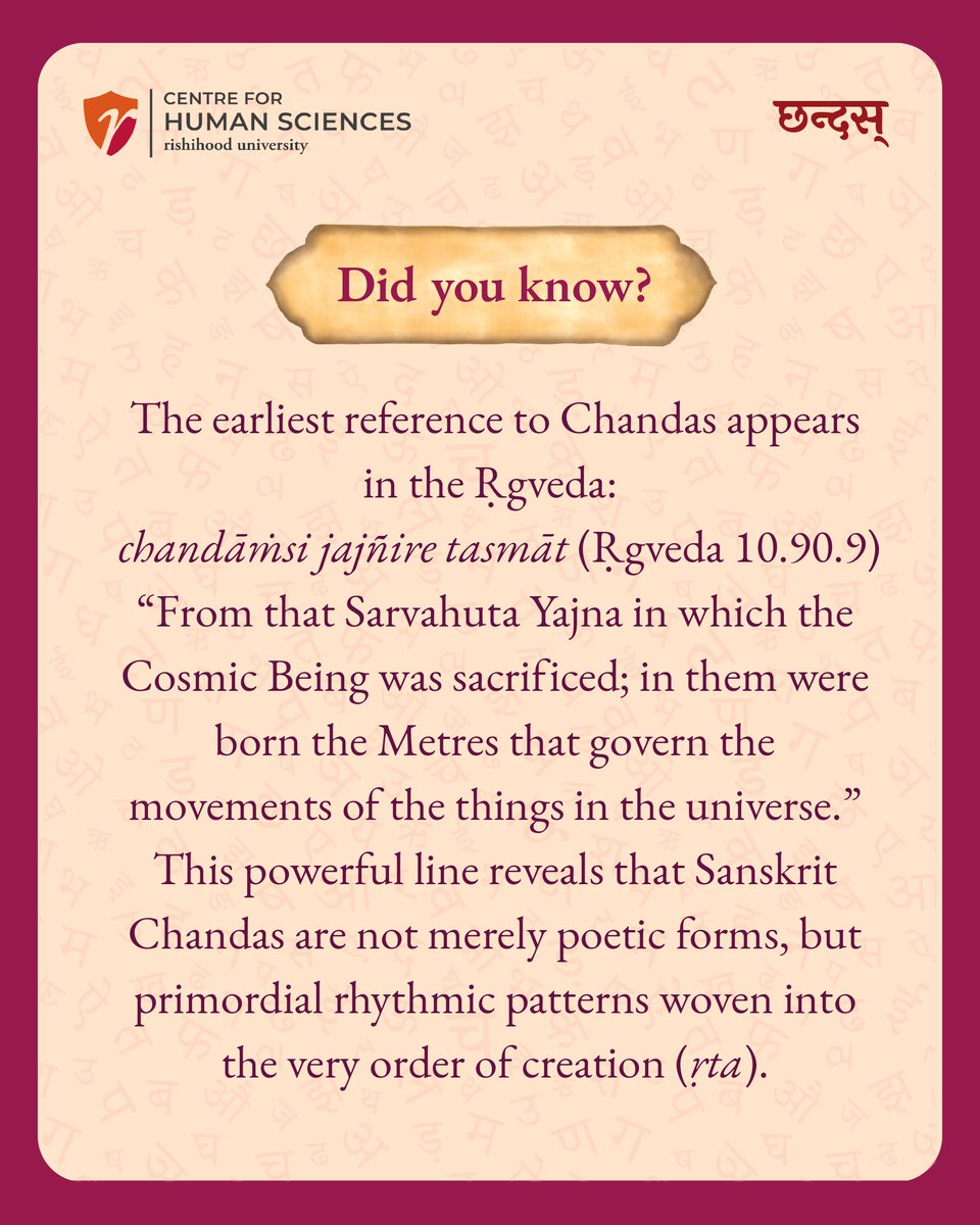 rishihoodCHS's tweet image. Did you know 𝐂𝐡𝐚𝐧𝐝𝐚𝐬 doesn’t just mean “meter”?⁣

An interesting project on #sanskrit #chandas is underway at CHS, and we will share info on them weekly!

Chandas are the rhythmic intelligence that holds poetry, Veda, and even human aspiration.⁣⁣ 
Read below&amp;gt;