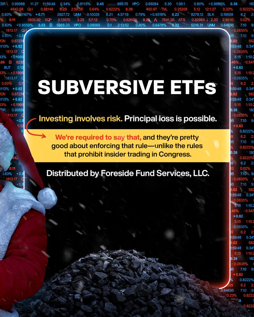 SubversiveETFs's tweet image. Santa is watching, unlike basically anybody on the House Ethics Committee. 

Follow @subversiveetfs for content like this. 

#InsiderTrading #StockTrading #Congress