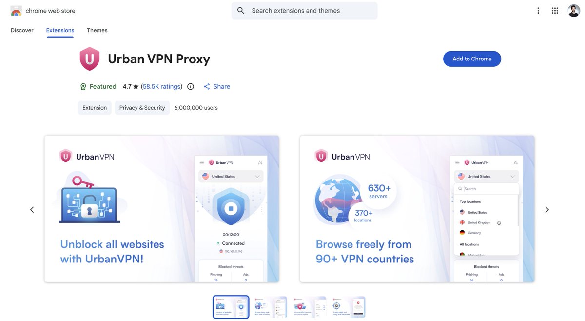 SimonJP404's tweet photo. ⚠️如果你浏览器安装了如下VPN 插件，请立即卸载！⚠️

Urban VPN Proxy 
1ClickVPN Proxy 
Urban Browser Guard 
Urban Ad Blocker 

上述VPN插件都属于同一开发商，全部含有AI 对话监听代码，通过向网页注入脚本、劫持浏览器网络请求接口，实时截获用户输入的提示词、AI 回复、时间戳和会话标识，并将数据持续上传至后台服务器。目前无法关闭，只能通过卸载解决。

值得注意的是这些插件用户高达 800 万，其中Urban VPN还被Google 官方“精选”标识😅