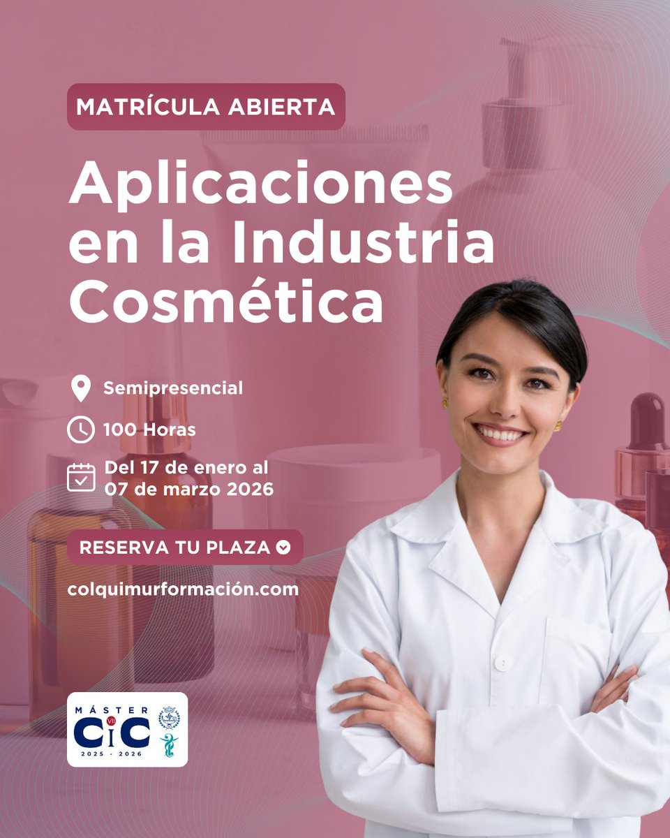 ❗️Si te llama la atención la Industria Cosmética esta es tu mejor opción para empezar 2026 🗓️
Matrícula abierta para el curso Aplicaciones en la Industria Cosmética 🧴

✅ Toda la información y matrícula en colquimurformacion.com/cursos-presenc…