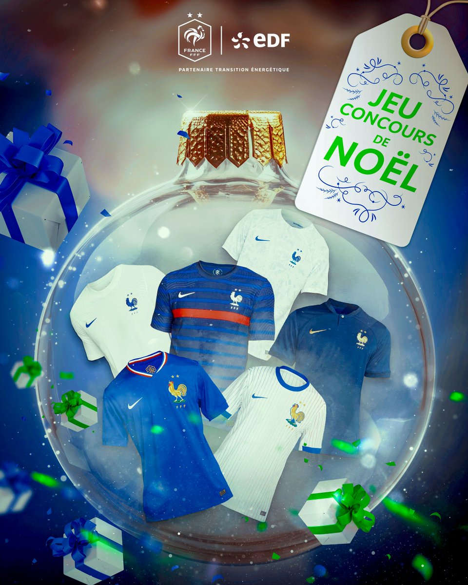 EDF_Foot's tweet image. &amp;gt;&amp;gt; 𝐉𝐄𝐔 𝐂𝐎𝐍𝐂𝐎𝐔𝐑𝐒 &amp;lt;&amp;lt;
Les Fêtes approchent ! Tentez votre chance pour remporter l’un des 6 derniers maillots officiels des Bleues et régaler votre famille !
Pour participer :
&amp;gt; Suivez @EDF_Foot 
&amp;gt; RT ce tweet
TAS 29/12 à 10h
Bonne chance