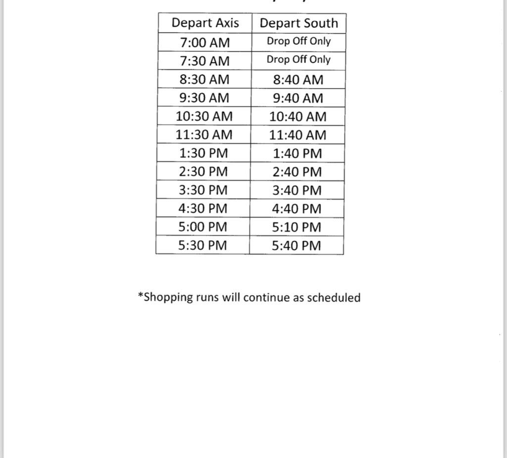 Axis360Bus's tweet image. Effective Thursday 12/18/25 we will switch to our BREAK schedule (see below). Full semester schedule will resume on Wednesday1/21/26.