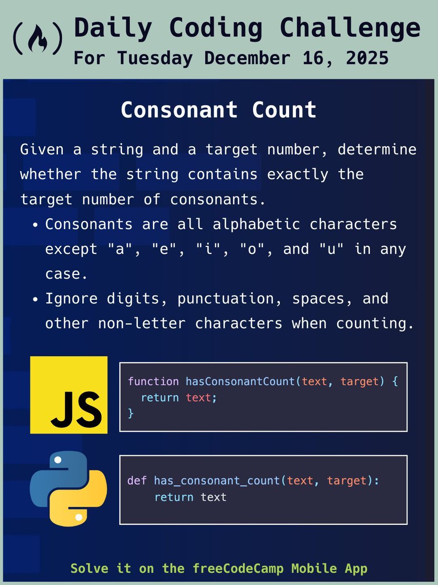 freeCodeCamp's tweet image. For today's coding challenge, you'll count how many consonants there are in a string. Check it out on the freeCodeCamp mobile app.
