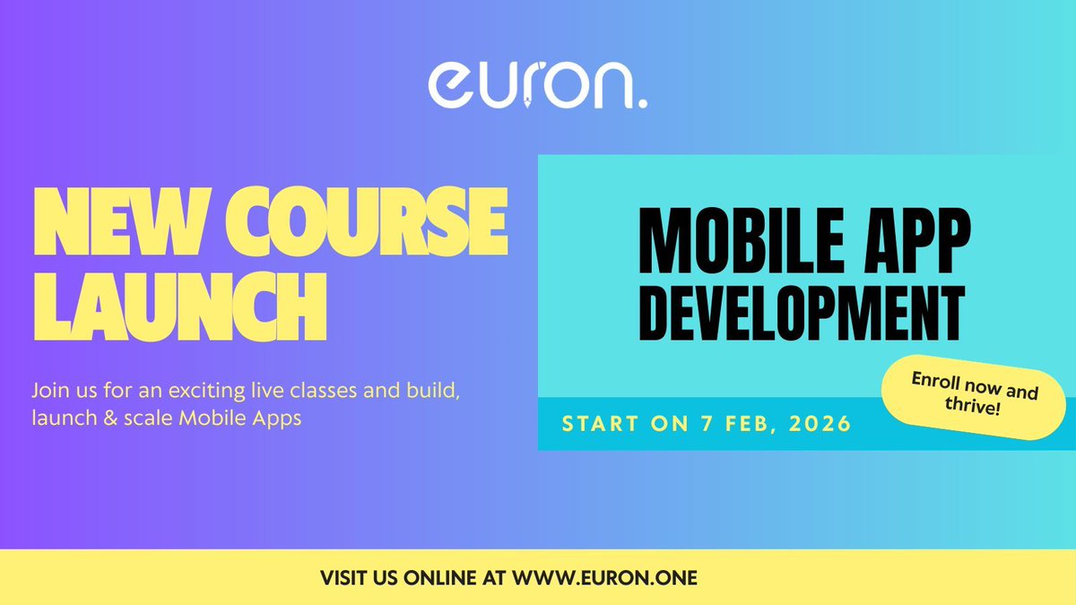 09sudhanshukuma's tweet image. Join Our Mobile App Development Course!

🗓️ Starts: February 7, 2026
🕖 Class Time: Saturdays &amp;amp; Sundays, 7 PM - 9 PM IST
🌐 Duration: 2 Months

Learn to build, launch, and scale powerful mobile apps from scratch! 
Enroll: euron.one/course/mobile-…